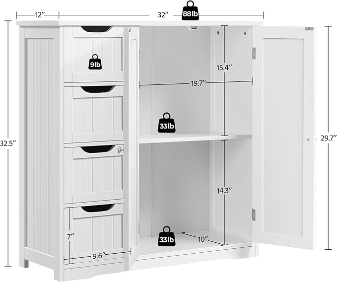Yaheetech Wooden Bathroom Floor Cabinet, Side Storage Organizer Cabinet with 4 Drawers & Double Doors, Freestanding Entryway Storage Unit Console Table, Bathroom Furniture Home Decor, White