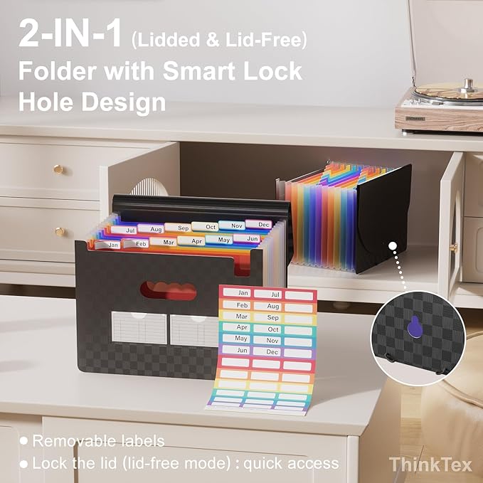 ThinkTex Accordion File Organizer, 12 - Pocket Expanding File Folders for Paper Receipts, Bills & Taxes Organizer, Portable Letter/A4 Size Document Holder for School, Office, Home with Colorful tabs