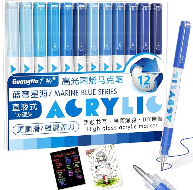 Redfun Acrylic Gel Pens, 12 Pcs Blue Liquid Ink Highlighter Markers, 1mm Fine Tip Acrylic Paint Markers for Coloring Books, Drawing, Journaling, Scrapbooking Christmas Stocking Stuffers