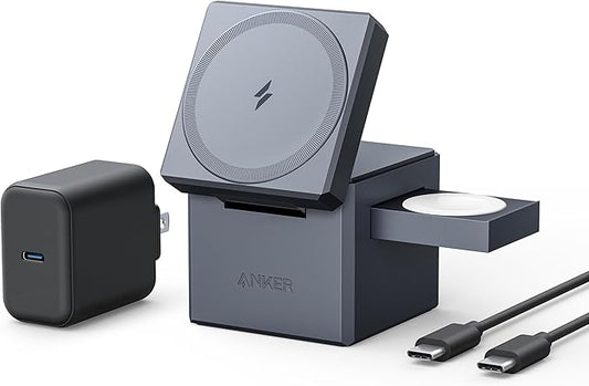 Anker MagSafe Charger Stand, iPhone 16 Wireless Charger, 3-in-1 Cube with MagSafe, 15W Foldable Fast Charging Stand, For iPhone 16/15/14/13, Apple Watch 1-8/Ultra, AirPods (30W USB-C Charger Included)