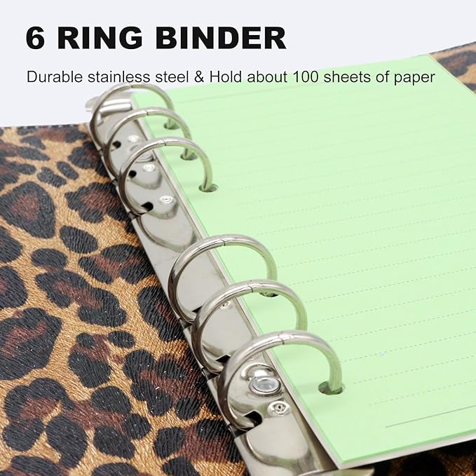 A6 Refillable 6 Ring Faux Leather Budget Binder,Mini Notebook Binder Cover for A6 Filler Paper,Loose Leaf Personal Planner Cover with Magnetic Buckle Closure (Leopard)