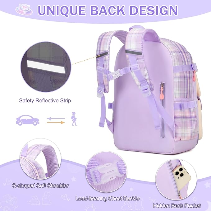 Girls Backpack Set, 3PCS Kids Backpack for Girls, Kawaii Bunny School Backpacks for Girl Kindergarten Elementary Preschool Middle School Bags with Lunch Box Pencil Case Purple-Plaid