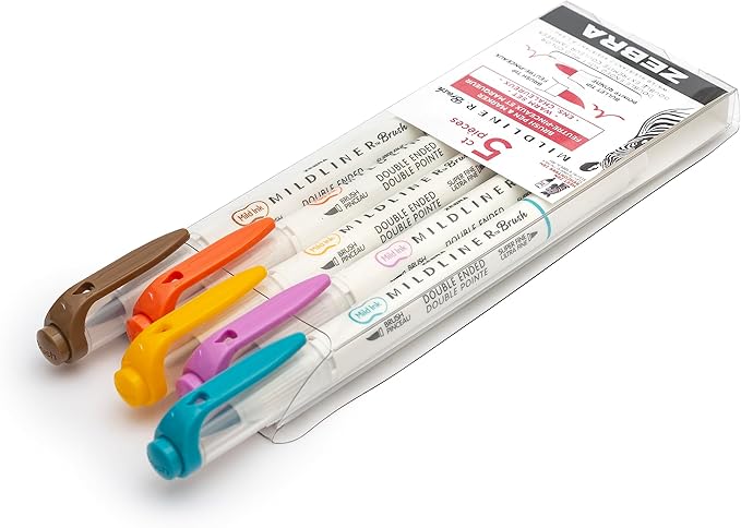 Zebra Pen, Mildliner Dual-Ended Brush Pens, Warm Color Palette, 5 Assorted Colors, Brush and Fine Tips, No Bleed-Through, Water-Resistant Ink for Calligraphy, Journaling, Planners, 5-Pack (79305)