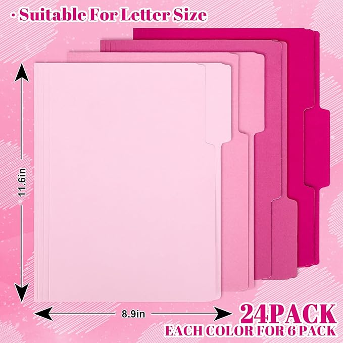 Whaline 24 Pack Hot Pink File Folders Letter Size 4 Colors Gradient Pink File Pockets with 1/3 Cut Tab for Home Office Classroom Supplies, 8.9 x 11.6 Inch