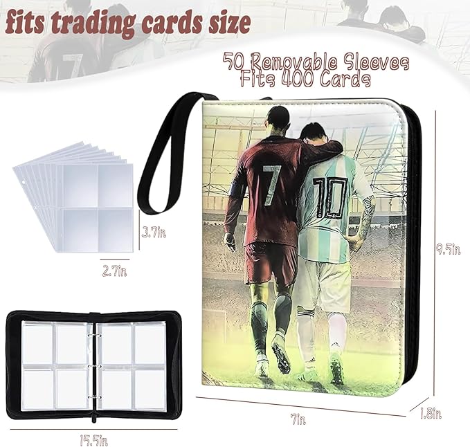 Soccer Card Binder - 400 Capacity 4-Pocket Trading Card Album, 3 Ring Card Holder Binder, Waterproof PU Leather, Zip Closure, Perfect Christmas Birthday Gift for Kids & Collectors