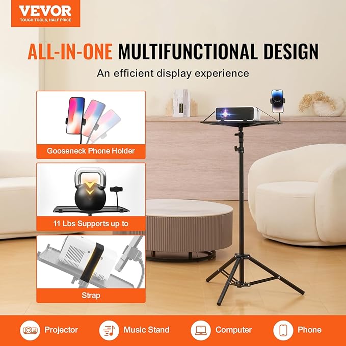 VEVOR Projector Stand, Laptop Stand Tripod Adjustable Height 26.97 to 63 in, Portable Projector Tripod with Tray & Gooseneck Phone Holder, for Outdoor Movies, Home, Office, Stage or Studio
