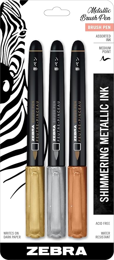 Zebra Pen, Metallic Brush Pens, Gold, Silver, and Rose Gold Ink, Medium Brush Tip Mimics Artist’s Paint Brush for Calligraphy and Lettering, Acid-Free Ink for Light and Dark Paper, 3-Pack (01603)