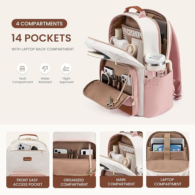 LOVEVOOK Laptop Backpack for Women with Pouch Pocket for Large Capacity Cup,17 Inch Teacher Nurse College Work Backpack Purse,Waterproof Laptop Bag Computer Carry on Back Pack for Travel, Light Pink