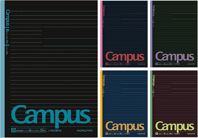 KOKUYO Composition Notebooks, 5 Pack Campus Semi-B5 Comp Book with Dot B 6mm Ruled, 30 Sheets, School Lined Notebook in Black, Journal Notebook for Women Work Study Note Taking. (NO-3CDBTNX5)
