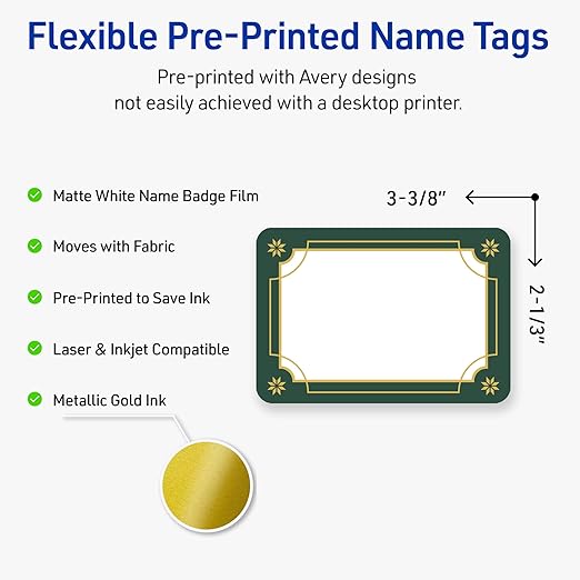 Avery Printable Christmas Adhesive Name Badges, Rectangle, 2-1/3" x 3-3/8", Pre-Printed Green & Metallic Gold Border Design, Matte White, Laser & Inkjet Compatible, 80 Total