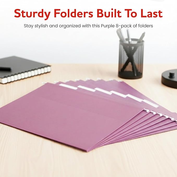 Purple Hanging File Folders – 8 Pack, Letter Size File Organization Folders for Home, Office, School & Filing Cabinets