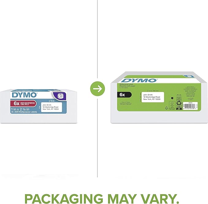 DYMO Authentic LW Multi-Purpose Labels for LabelWriter Label Printers, White, 1" x 2-1/8", 6 rolls of 500 (3000 Total)