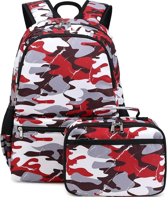 DSIUE Backpacks for Boys School Bags for Kids Elementary Bookbag and Lunch Box Set Camo Red