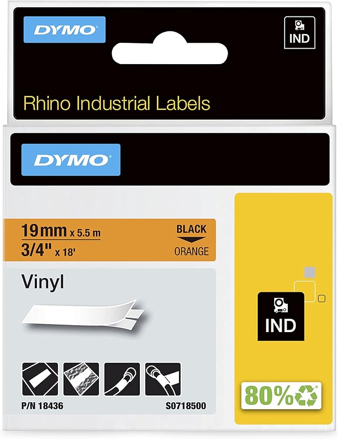 DYMO Rhino Industrial Vinyl Labels 3/4" Black Print on Orange Tape