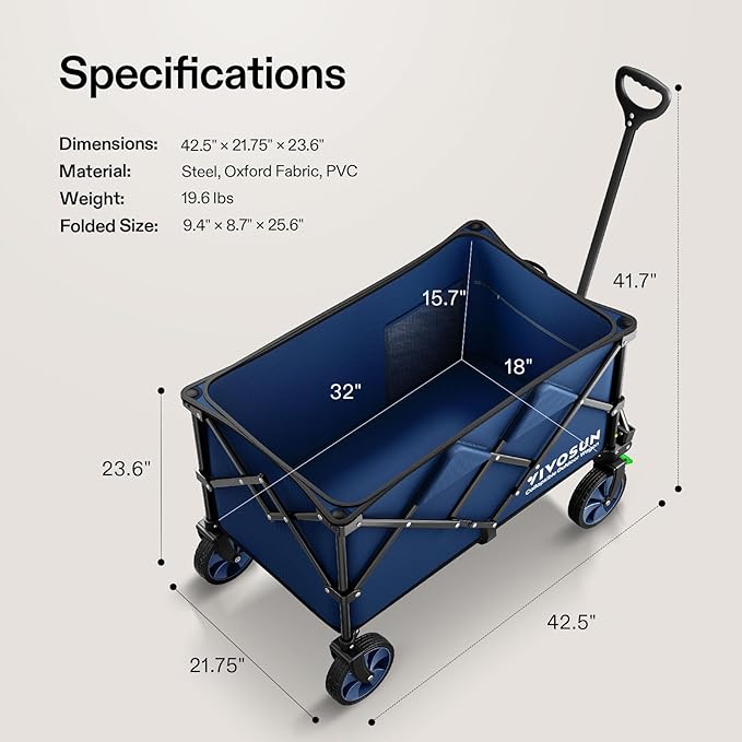 VIVOSUN Collapsible Folding Wagon, 350 lb Load-Bearing Outdoor Utility Cart with Silent Universal Wheels, Cup Holders &Side Pockets, Adjustable Handle, for Camping, Garden, Sports, Picnic, Shopping
