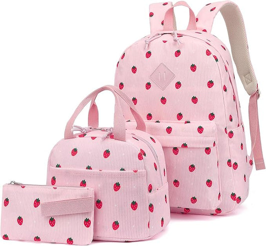 Corduroy Girls Backpack Set, 3PCS School Backpacks for Kids Elementary Middle School Bags with Lunch Box Pencil Case (Pink Corduroy Strawberry)