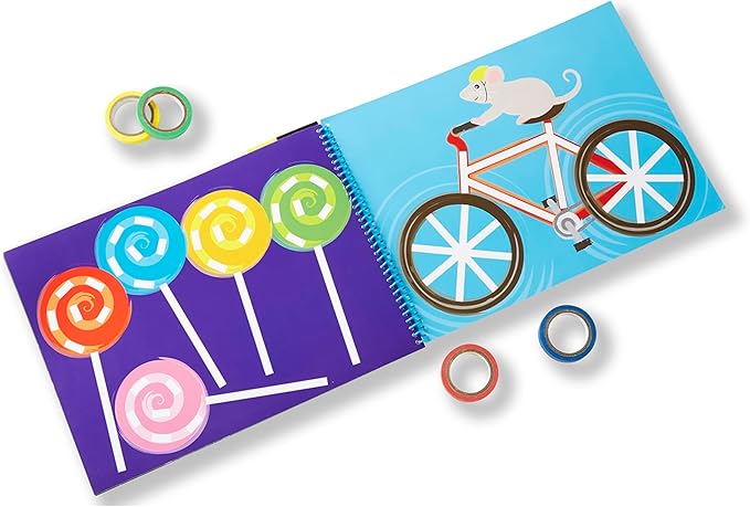 Melissa & Doug Tape Activity Book for Kids with 4 Easy-Tear Tape Rolls (Blue, Green, Red, Yellow) & 20 Reusable Scenes on Spiral-Bound Sheets, Road Trip Activities & Travel Toys for Kids Ages 4+