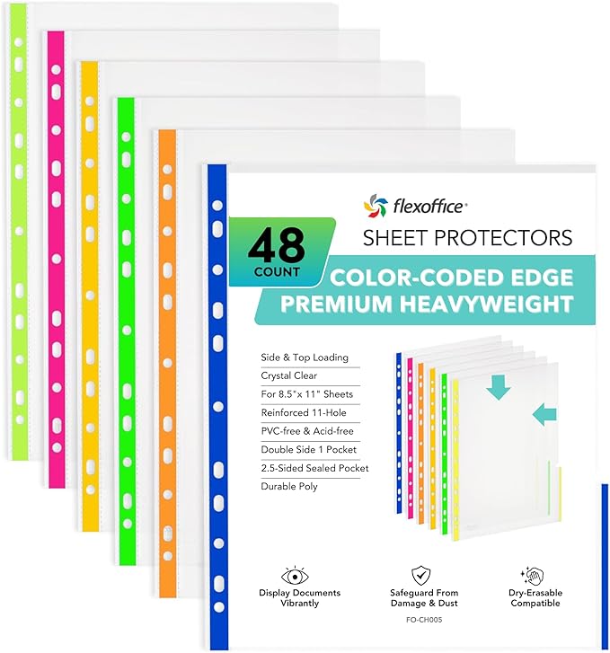 48 Pack, Color Edges Plastic Sheet Protectors 8.5"x11", Premium Heavy Duty, Top & Side Loading, Page Protectors Sheet Reinforced 11-Hole Fit for 2/3/4 Ring Binder