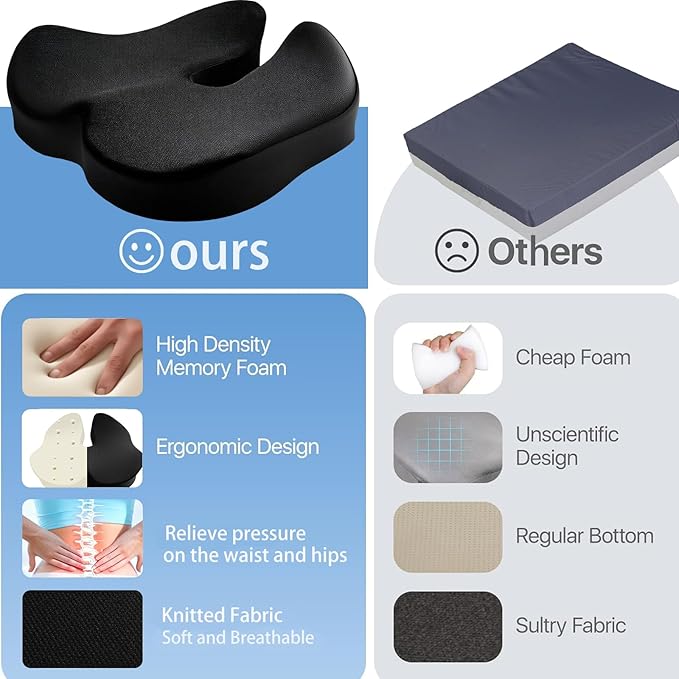 Ergonomic Memory Foam Seat Cushion | Relieves Sciatica, Tailbone & Lower Back Pain | Non-Slip, Breathable Pad for Office, Gaming, Car & Wheelchair Use | Ideal for Long Sitting Comfort