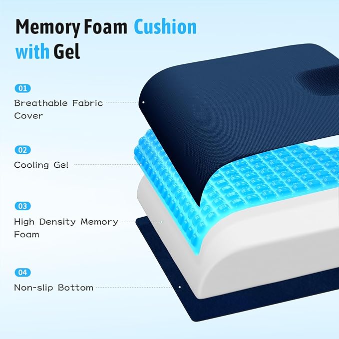 TranquilMoments Seat Cushion, Gel Wheelchair Seat Cushion，Ergonomic Chair Cushions for Office Chairs & Car, Relieve Sciatica, Back and Tailbone Pain, Removable Cover & Non - Slip Bottom, Blue