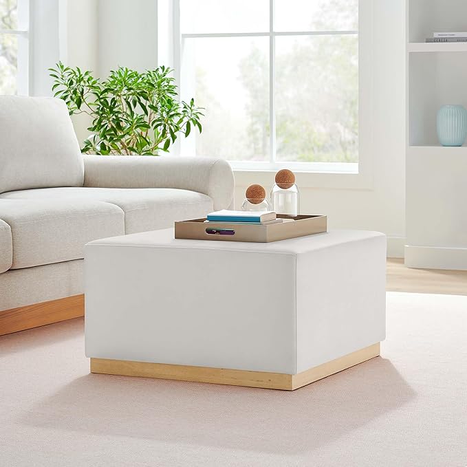 Modway Tilden 28 Inch Square Performance Velvet Upholstered Ottoman in Alabaster Natural - Large Ottoman Foot Rest with Rubberwood Plinth Base, Living Room Ottoman Coffee Table - Velvet Ottoman Table