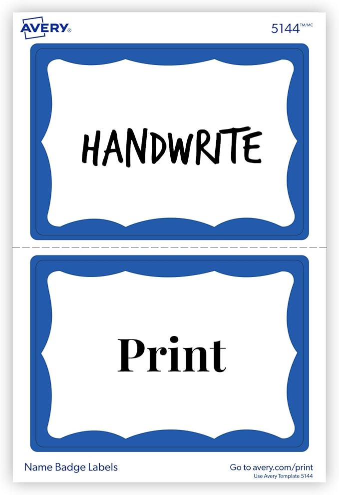 Avery Customizable Name Tags, 2-1/3" x 3-3/8", White with Blue Border, 6 Packs of 100, 600 Removable Name Badges Total (44144)