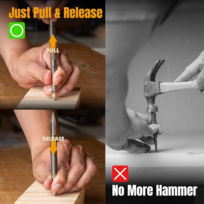 POWERTEC Hammerless Single Ended 1/8" Center Punch, Spring Loaded Nail Punch Tool, 5000 PSI Striking Force, 1PK (71938)