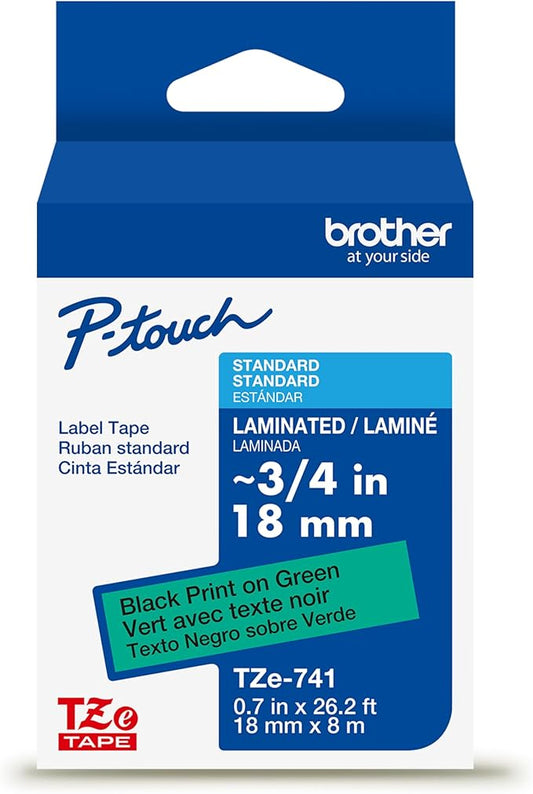 Brother Genuine P-Touch TZe Black Print on Green Label Tape (TZe741), Laminated,3/4in x 26.2ft (18mm x 8m), for Select P-Touch Label Makers, Durable, Water-Resistant, Indoor/Outdoor Use