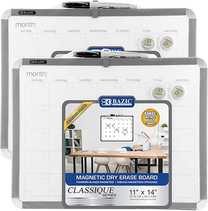 BAZIC Products Magnetic Dry Erase Board 11"x14" Whiteboard, Dry Erase Marker and Magnet, for Teacher Office Home, 2-Pack