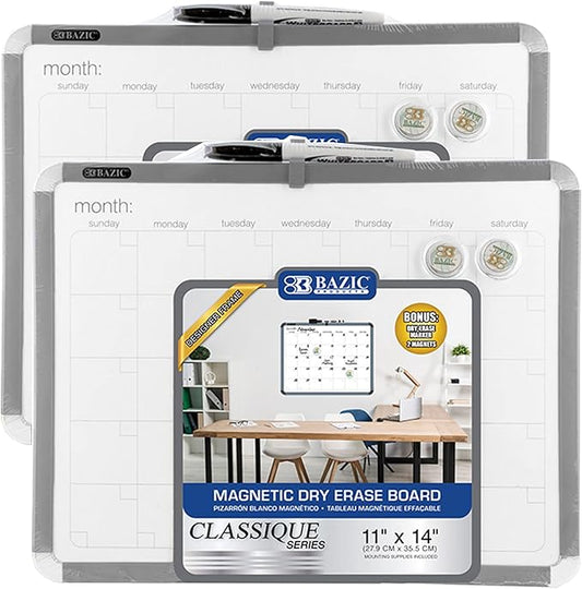 BAZIC Products Magnetic Dry Erase Board 11"x14" Whiteboard, Dry Erase Marker and Magnet, for Teacher Office Home, 2-Pack