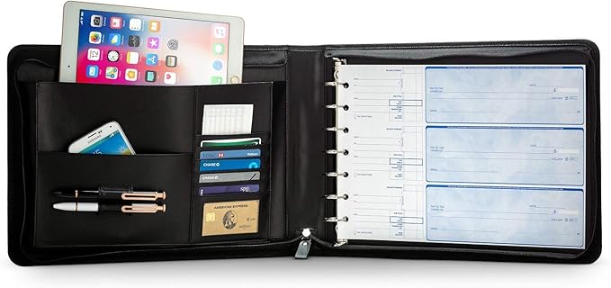 Inkline 7 Ring Check Binder Portfolio -Professional PU Leather Binder with Zippered Closure -500 Check Capacity -9x13 Inch Sheets -Document & Card Organizer - Large Tablet Pocket - Black (80001)