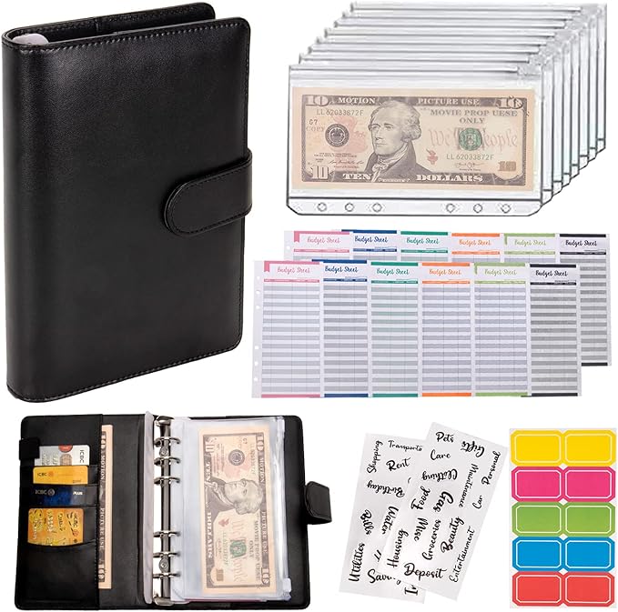 NICOOTHBudget Binder Cash Envelopes A6 Money Saving Binder with Zipper envelopes (Black)