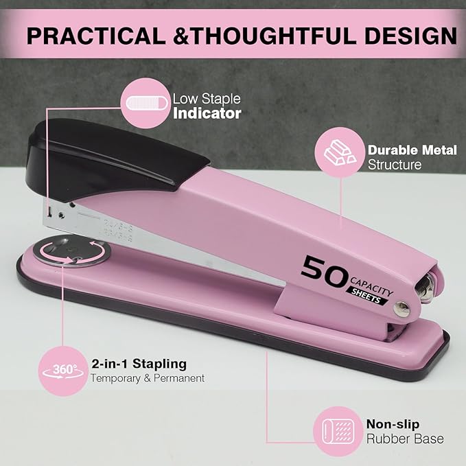Metal Heavy Duty Stapler, 50 Sheet Capacity Stapler with 2000 Staples and Staple Remover, No Jam, Non-Slip Stapler for Desk, Pink Office Supplies for Teacher, Office Clerks