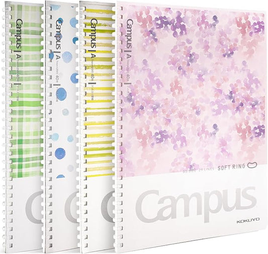 Kokuyo Spiral Notebook Journal, 4 Pack Campus B5 Soft Ring Notebooks with Dotted A 7mm Rule, 40 Sheets, Aesthetic 1 Subject Notebook in Blue Pink Yellow Green, College Office Note Taking. Japan Import