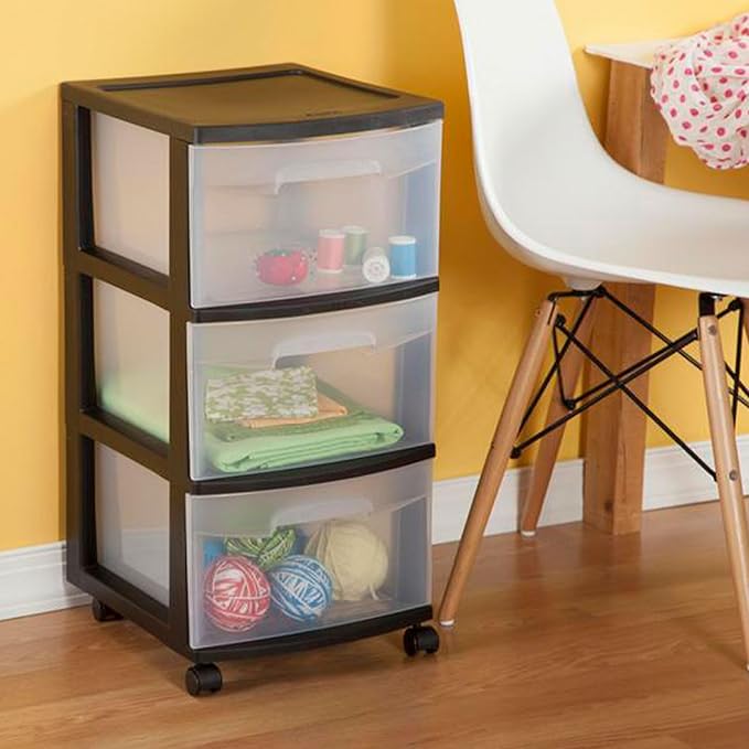 Sterilite 2 Pack Plastic Storage Organizer, 3 Drawer Rolling Bin Cart, Closet Organization, Black