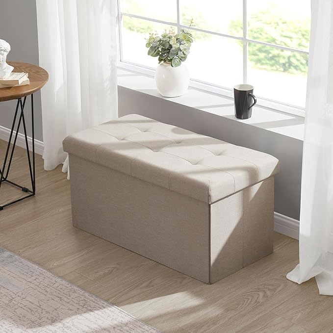 43 Inches Folding Storage Ottoman Bench, Ottoman Foot Rest, Storage Chest, End of Bed Foot Rest Stool with Padded Seat for Living Room, Bedroom, Entryway, Support 660lbs, Linen, Beige
