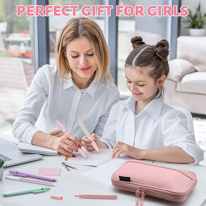 42 Pack Gel Pens for Coloring Books, 5 Gel Pens 0.5mm Black Ink, 12 Vibrant Sparkle Metallic Glitter Pens with 12 extra refills for enduring use, 12 Pastel Highlighters for Man Woman(Pink)