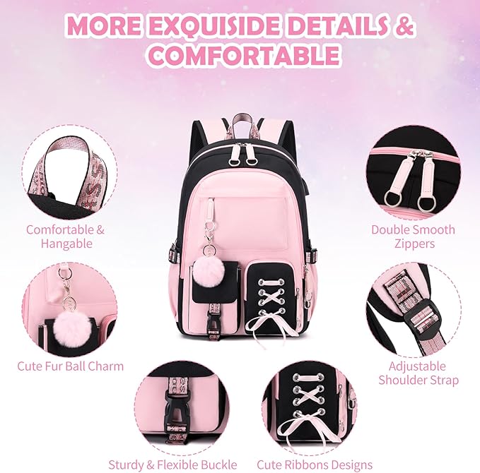 Backpacks for Girls, Girls Backpack with Lunch Box and Pencil Case for Teen Kids Elementary Middle High School College Student, Children School Backpack Bookbag with USB Charging Port (Pink)