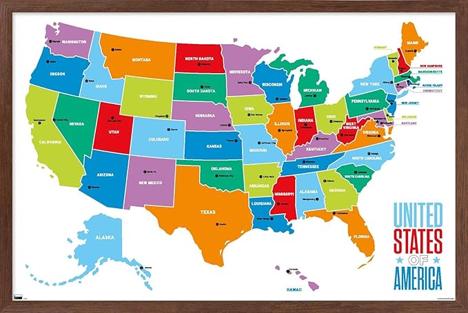 Trends International Map - United States Of America 2022 Wall Poster, 22.375" x 34", Mahogany Framed Version