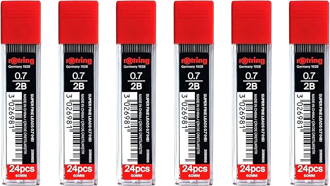 rOtring 0.7mm 2B Super Polymer Strong Dark Pencil Lead Refills for Mechanical Pencils - 144 Leads in Total - Pack of 6 Tubes