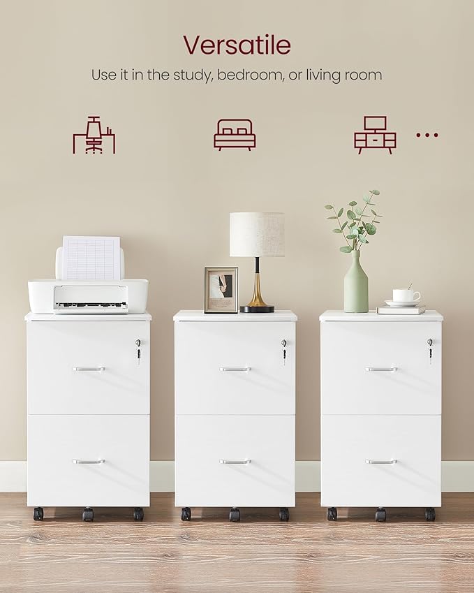 VASAGLE 2-Drawer File Cabinet, Locking Filing Cabinet for Home Office, Small Rolling Printer Stand, A4, Letter-Size Hanging Files, Assembly Required, Snow White ULCD027T46V2