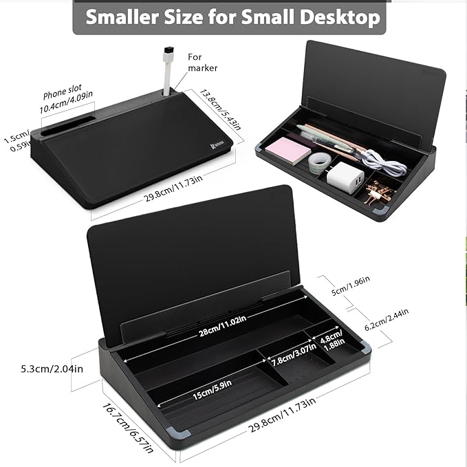 Varhomax Glass Desk Buddy Whiteboard with Storage, Small Dry Erase Desktop White Board Caddy to-do List Memo Notepad for Office, School and Home Office Supplies (Black)