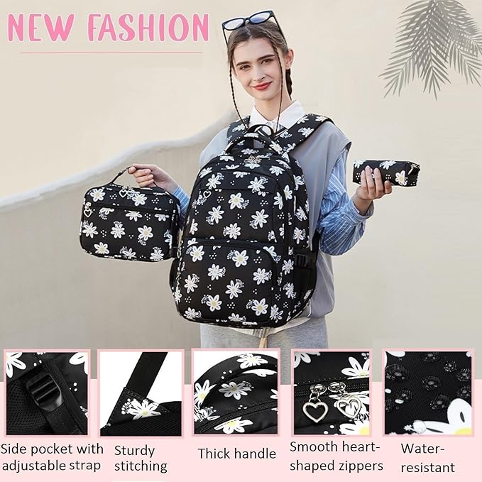 3Pcs Daisy Backpack for Girls with Lunch Box Kids School Bag with Lunch Bag Bookbag for Elementary School
