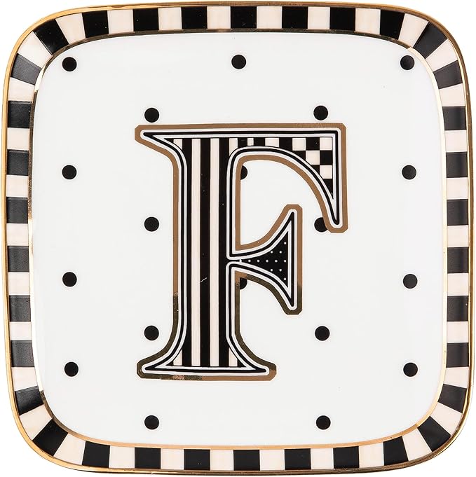 MACKENZIE-CHILDS Monogram Dish, Decorative Ceramic Letter Plate, 5 3/4" Square, F