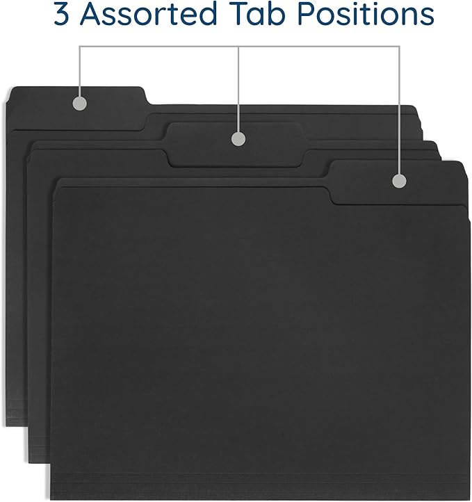 100 Blue Summit Supplies Black File Folders - Letter Size File Folders with 1/3 Cut Tabs, Durable 11pt Black Paper, Holds Letter Size Documents, 100 Pack