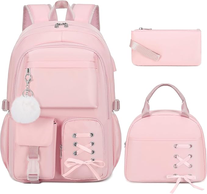 Backpacks for Girls, Girls Backpack with Lunch Box & Pencil Pouch for Teens Girl Kids Elementary Middle High School College Student Bookbag Daypack Laptop Travel Backpack for Women (Pink)