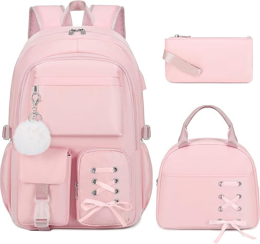 Backpacks for Girls, Girls Backpack with Lunch Box & Pencil Pouch for Teens Girl Kids Elementary Middle High School College Student Bookbag Daypack Laptop Travel Backpack for Women (Pink)