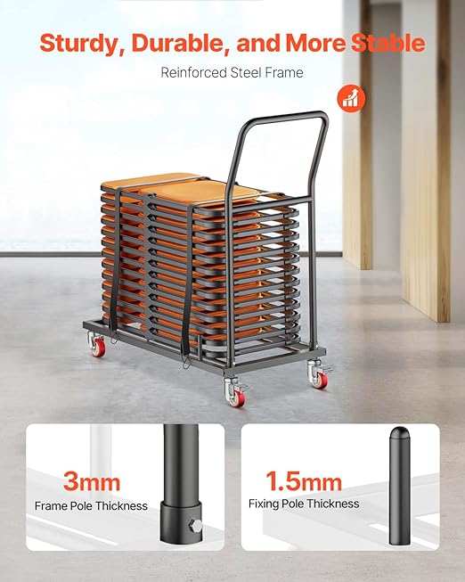VEVOR Folding Chair Rack, 300 LBS Capacity, L-Shape Horizontal Placement Chair Cart for 25 Chairs, Heavy-Duty Metal Chair Storage Dolly with Rubber Wheels and Holders, Large Chair Holder, Matte Black