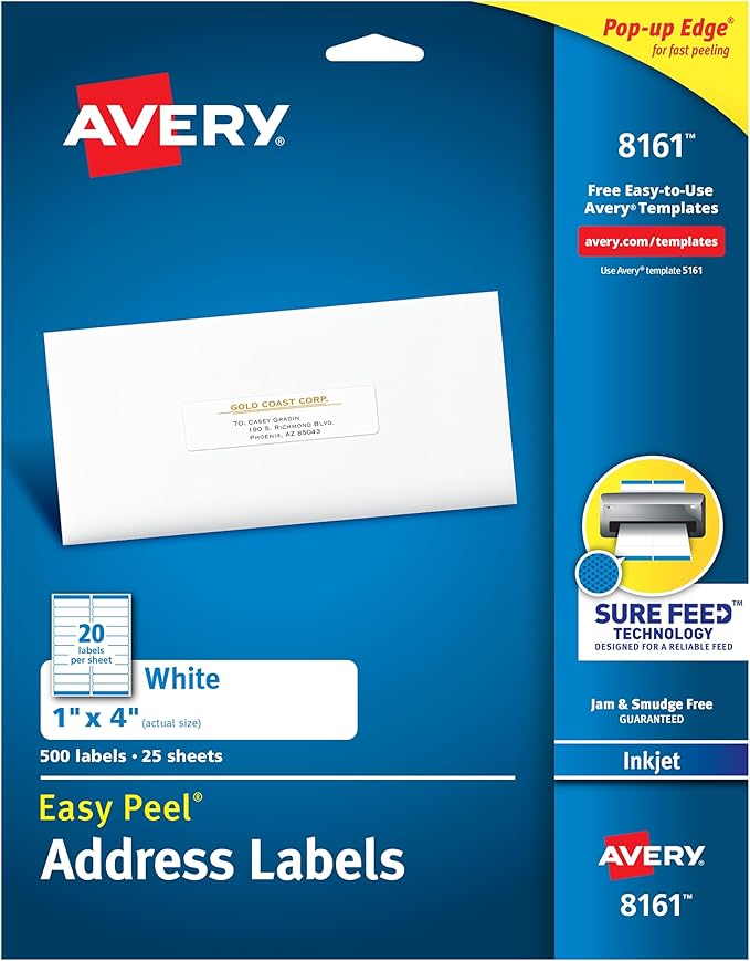 Avery Mailing Address Labels, Inkjet Printers, 500 Labels, 1 x 4, Permanent Adhesive, 5 Packs (8161)