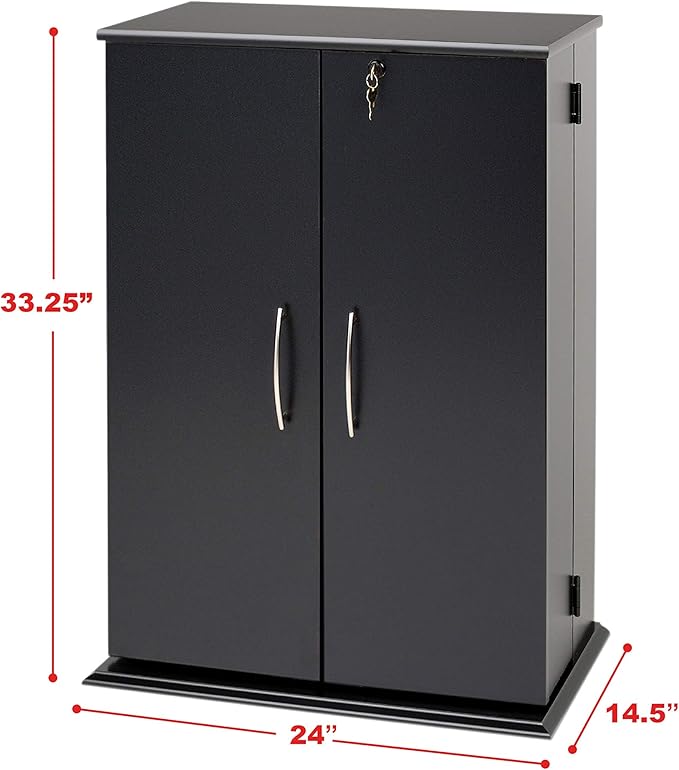 Prepac 33" H Locking Cabinet with 7 Adjustable & 4 Fixed Shelves, Black Storage Cabinet, Display and DVD Storage 14.5" D x 24" W x 33.25" H